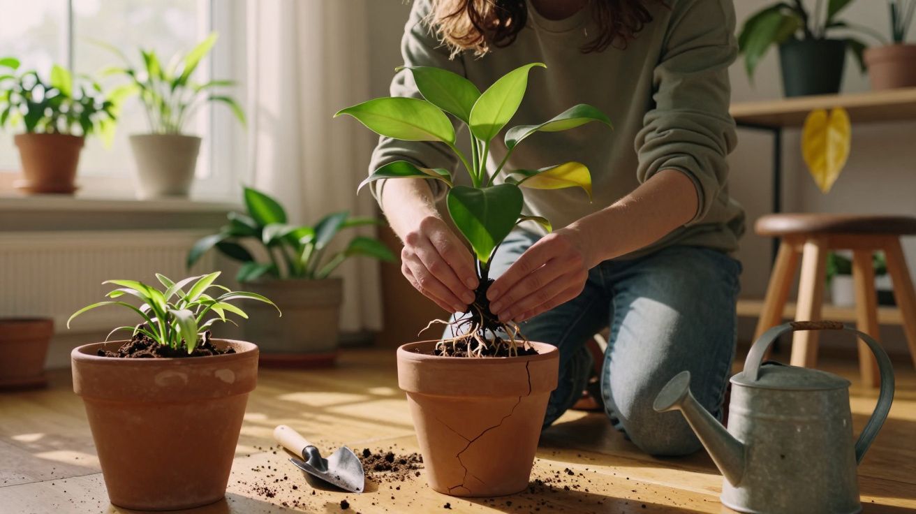 Pessoa transplantando muda verde em vaso de barro rachado em ambiente interno com regador e planta ao redor.