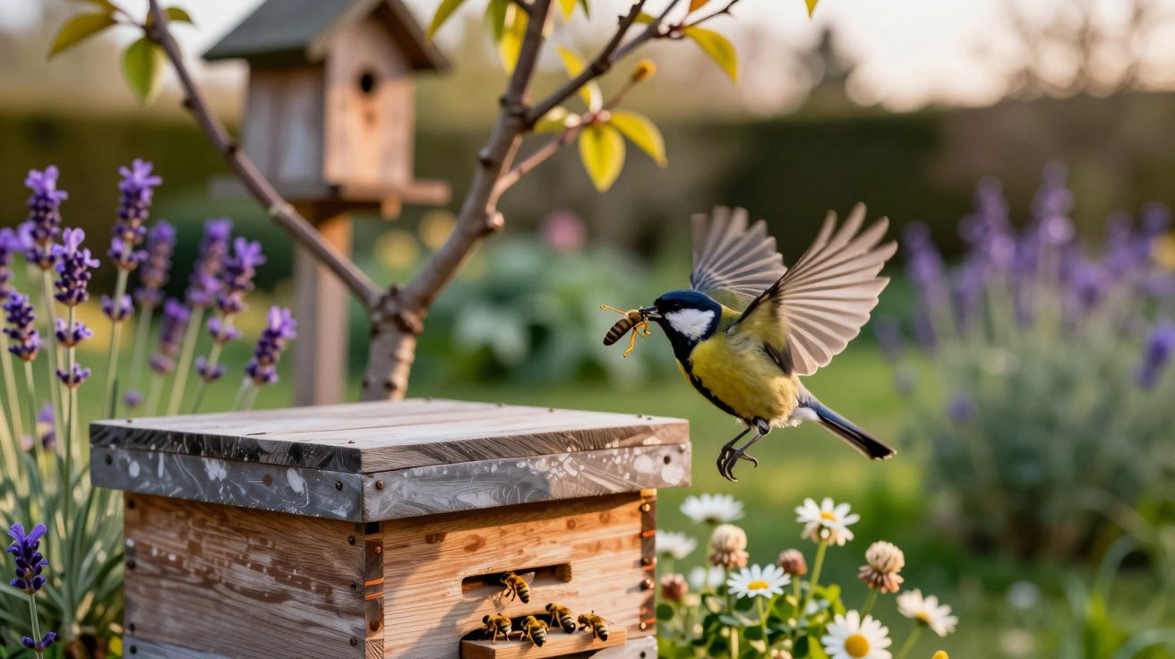 Pássaro voando com inseto no bico perto de caixa de abelhas em jardim com flores coloridas.