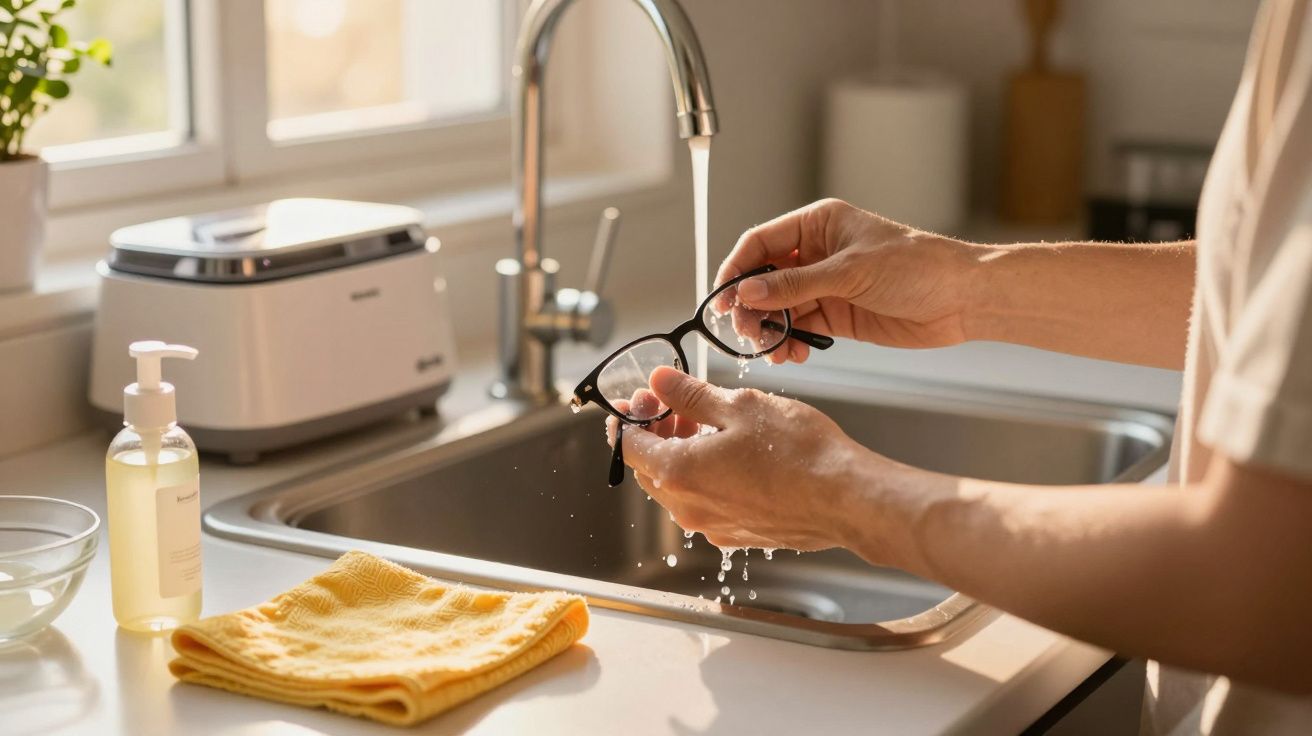 Pessoa lavando óculos em pia de cozinha com pano amarelo e sabonete líquido ao lado.