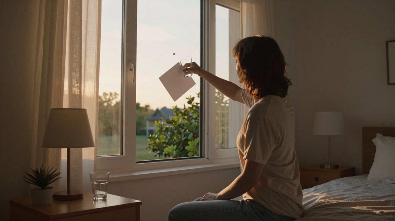 Pessoa sentada na cama puxando uma cortina branca em janela com luz do pôr do sol.