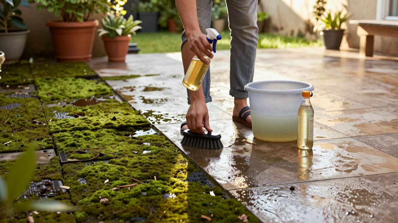 Pessoa limpando musgo de pisos com escova e produto de limpeza em área externa ensolarada.