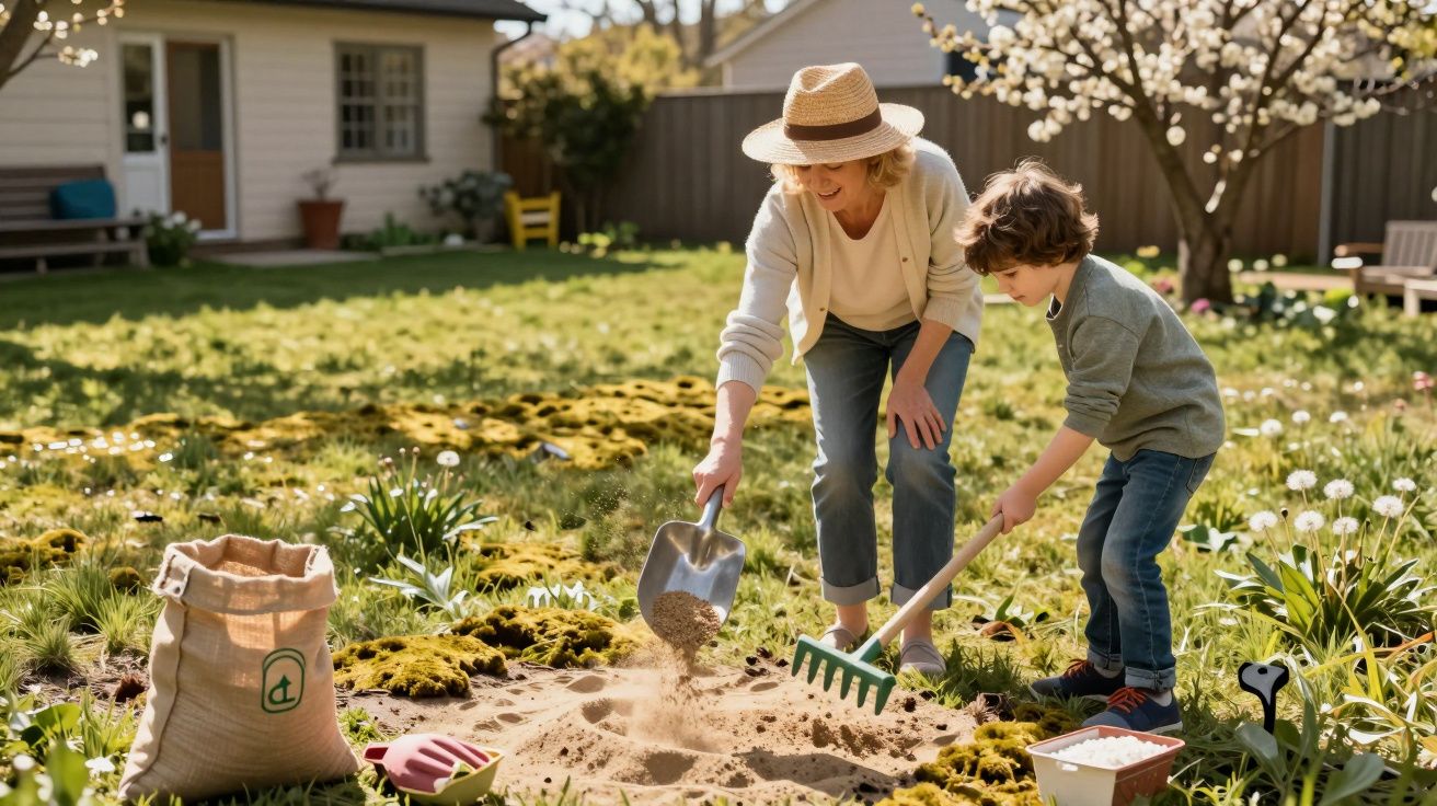 Mulher e criança plantando sementes em jardim de casa sob luz do sol.