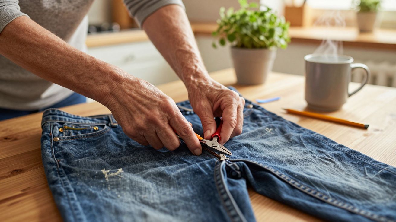 Mãos de pessoa idosa consertando zíper de calça jeans antiga sobre mesa de madeira.