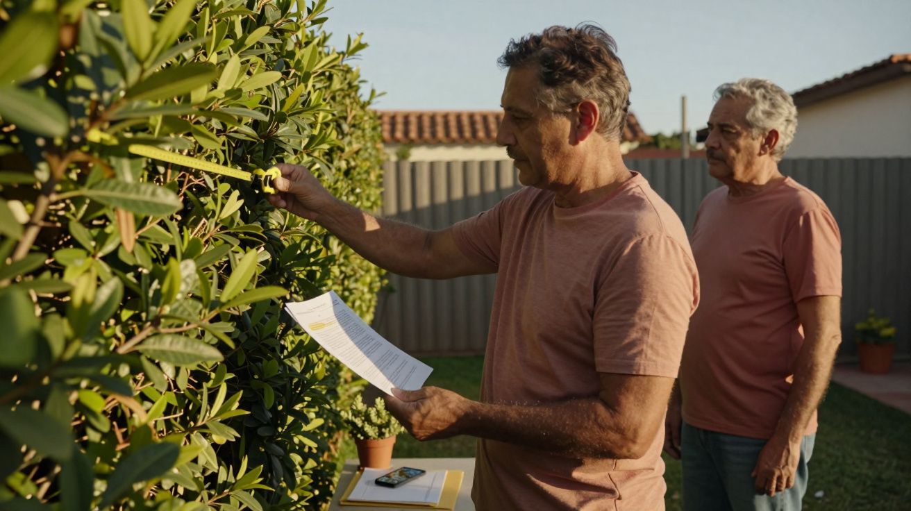 Dois homens avaliando plantas e anotando informações em um jardim residencial ao ar livre.