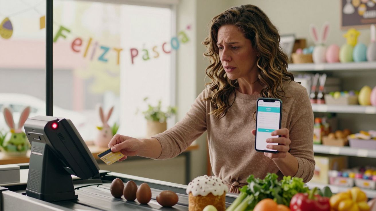 Mulher realizando pagamento com cartão e celular em caixa de supermercado decorado para a Páscoa.