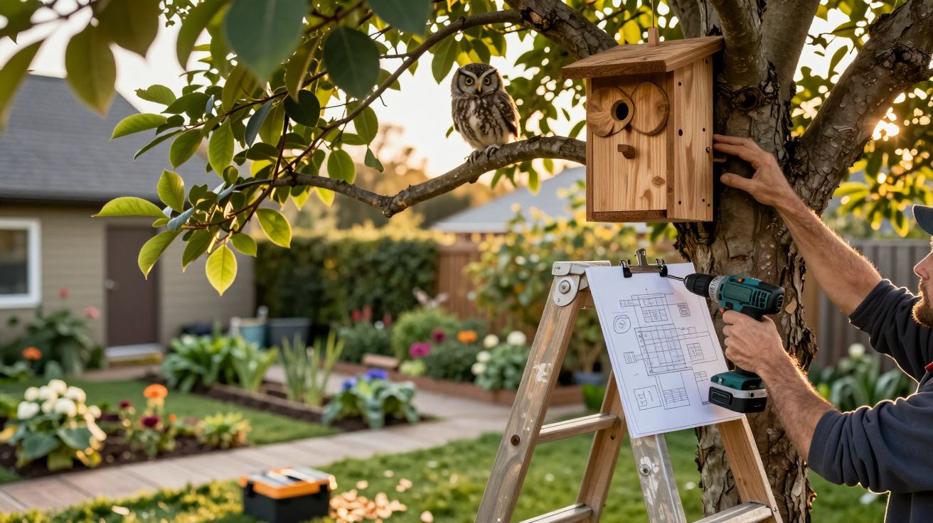 Pessoa instalando caixa-ninho de madeira em árvore com coruja e plantações em jardim ao fundo.