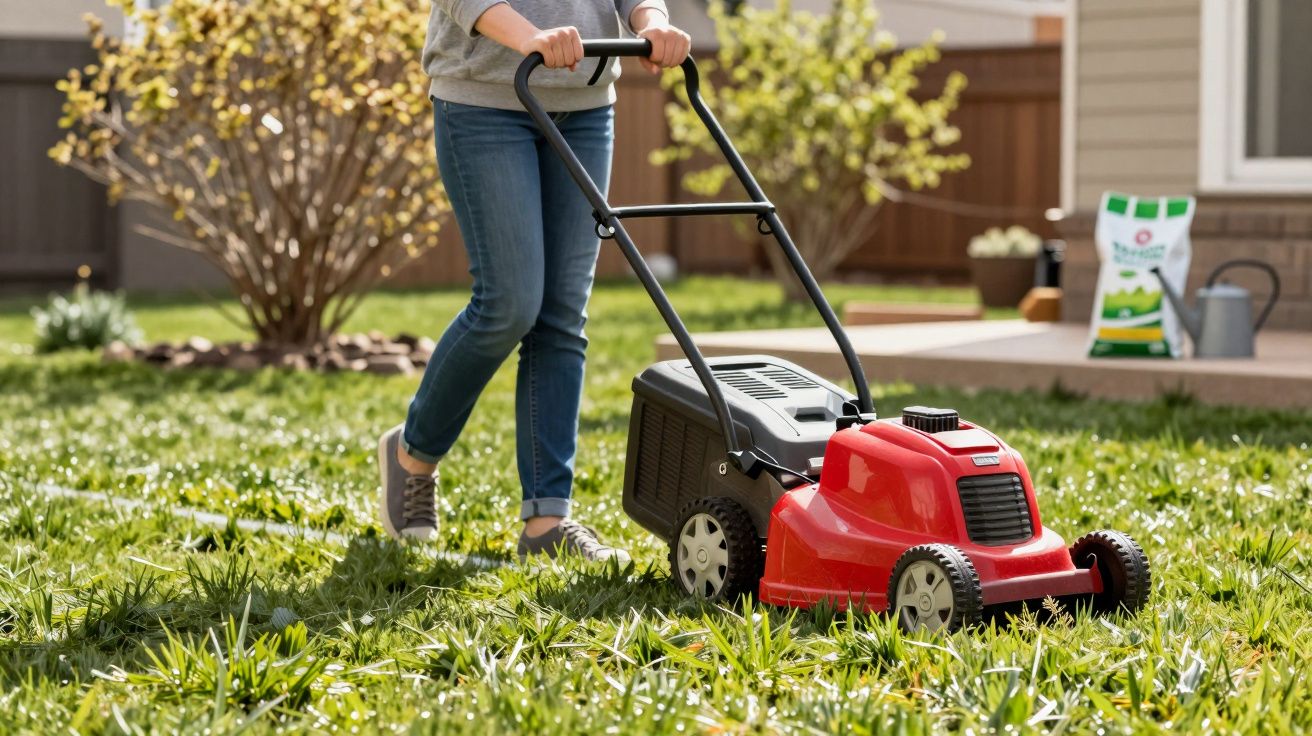Pessoa cortando a grama do jardim com um cortador de grama vermelho em um dia ensolarado.