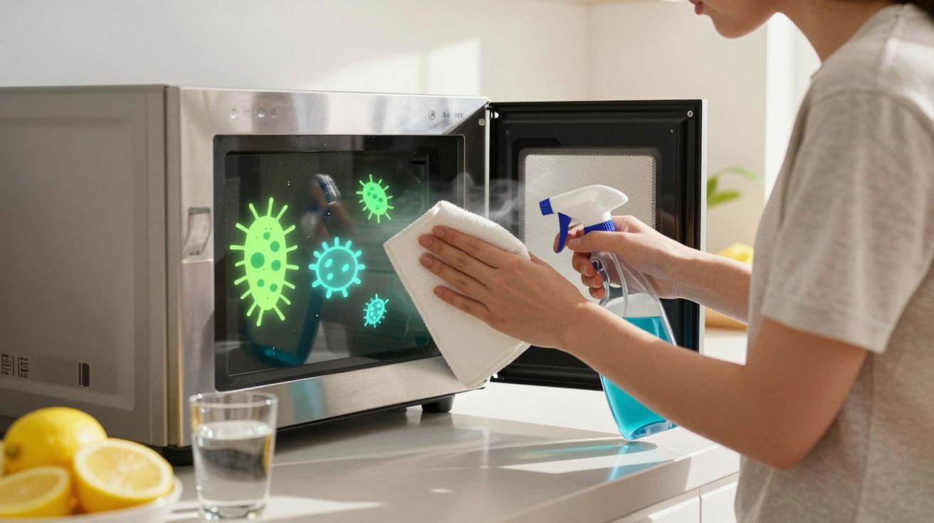 Pessoa limpando a porta do micro-ondas com pano e borrifador, com ilustração de germes na porta.