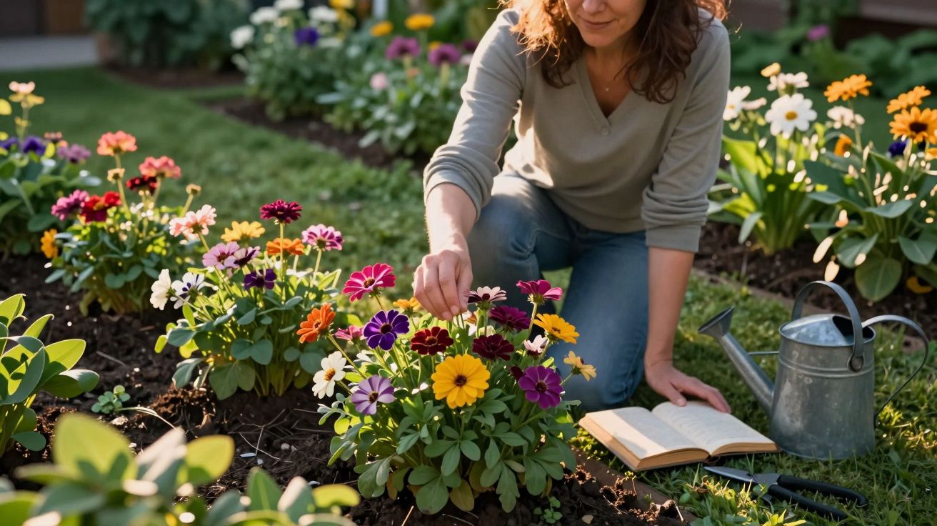Mulher cuidando de flores coloridas em jardim, com regador e livro aberto ao lado no chão.