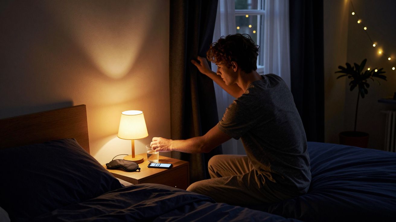 Homem senta na cama à noite, pega copo d'água em criado-mudo com abajur aceso e celular ao lado.