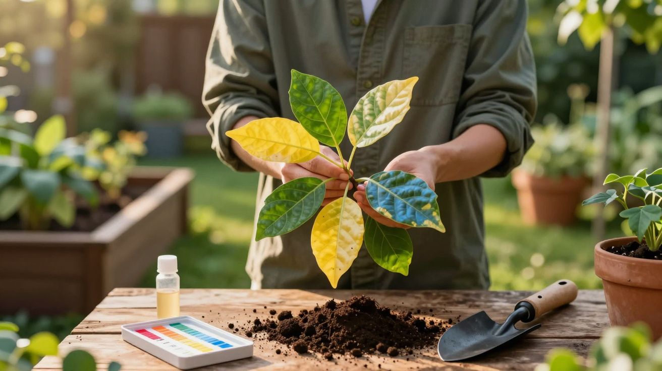 Pessoa segurando ramo com folhas verdes e amarelas ao lado de solo, ferramenta de jardinagem e medidor de pH sobre mesa.