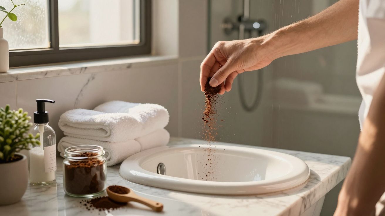 Mão masculina despejando pó de café na pia de banheiro moderno com toalhas e plantas ao lado.
