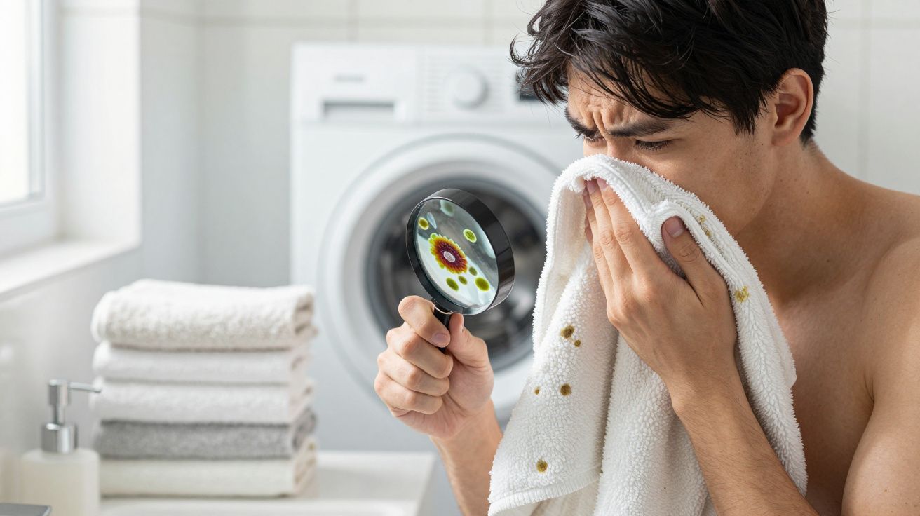 Homem olhando manchas de sujeira na toalha com lupa em lavanderia com máquina e toalhas ao fundo.