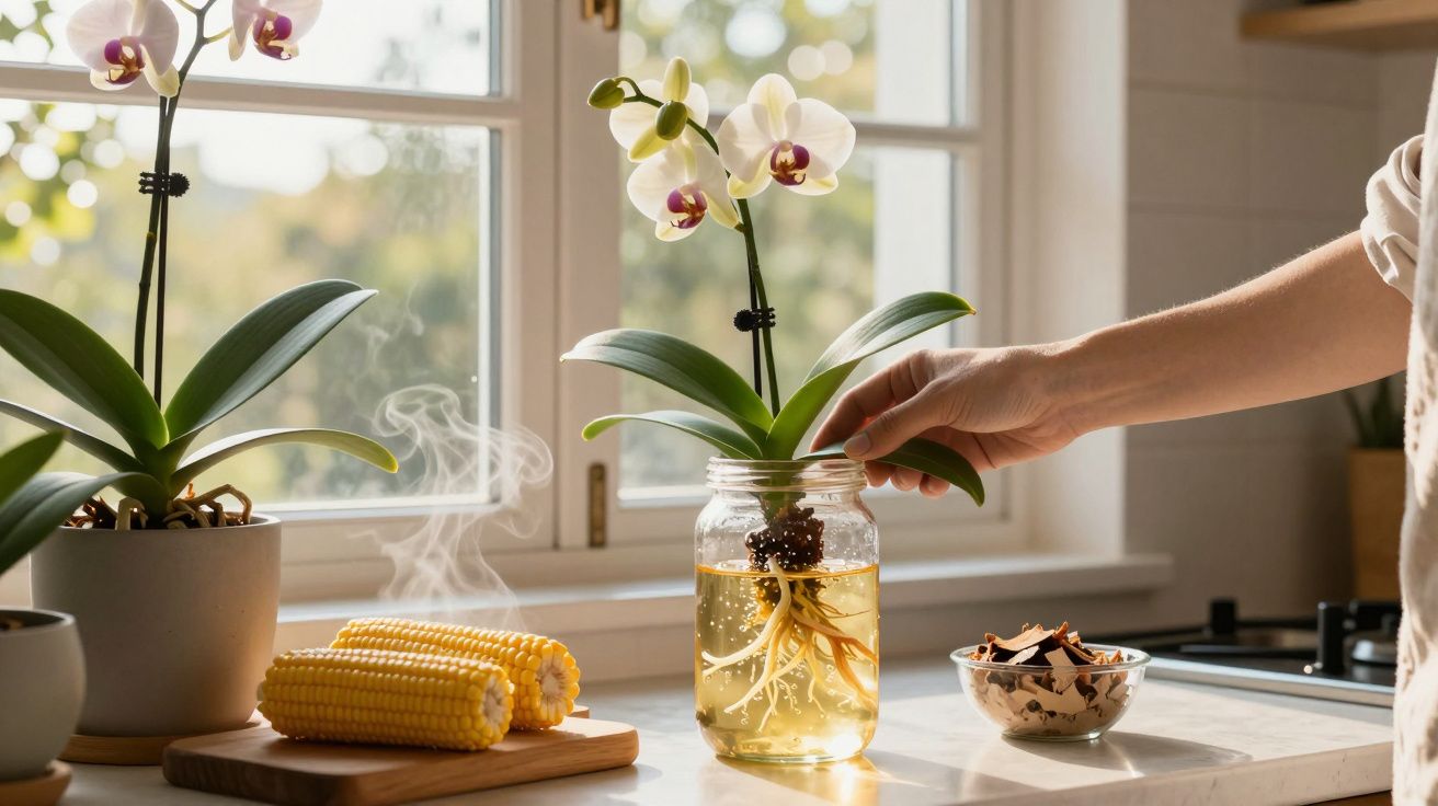 Orquídea branca em vaso de vidro com raízes na água em bancada de cozinha ao lado de milho e flores.