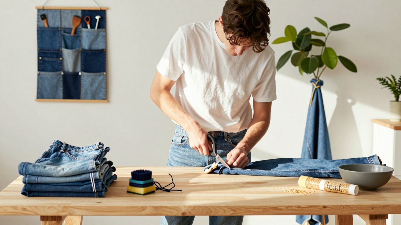 Homem corta calça jeans sobre mesa de madeira em ambiente claro com planta e ferramentas ao fundo.