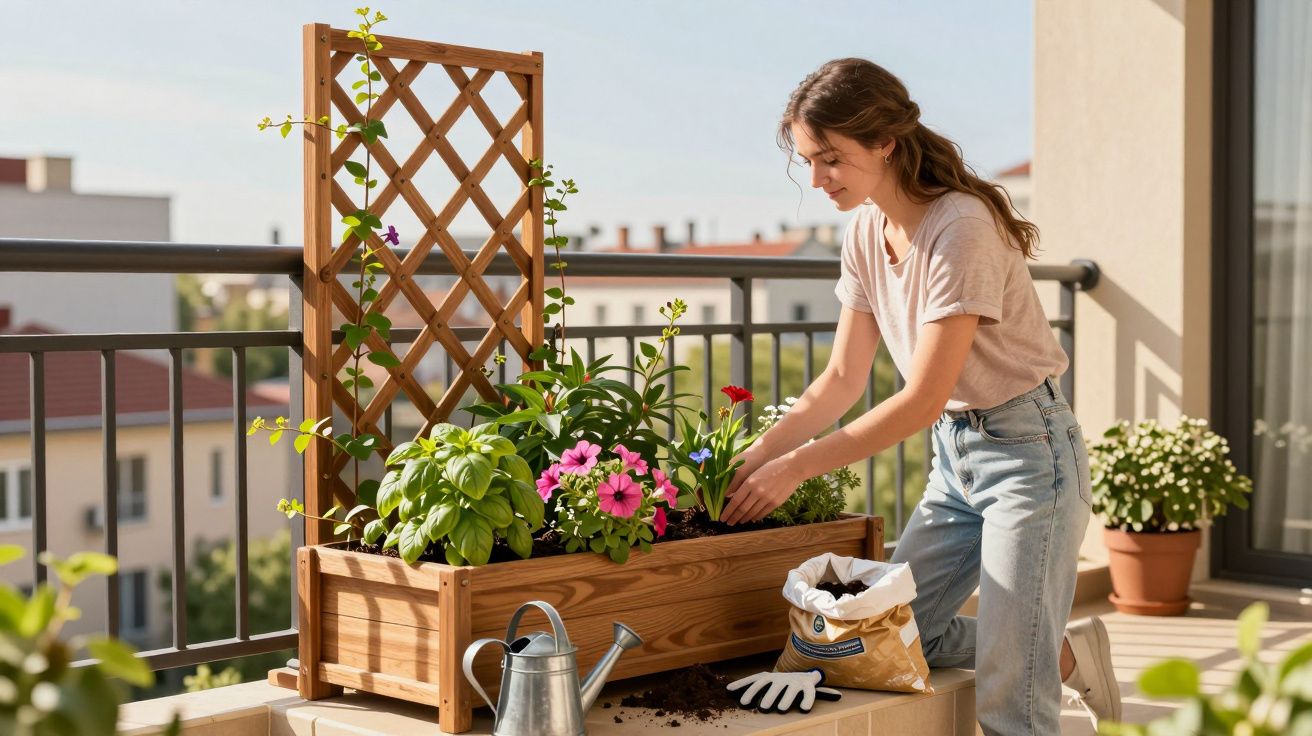 Mulher cuidando de plantas em uma jardineira de madeira em varanda ensolarada.