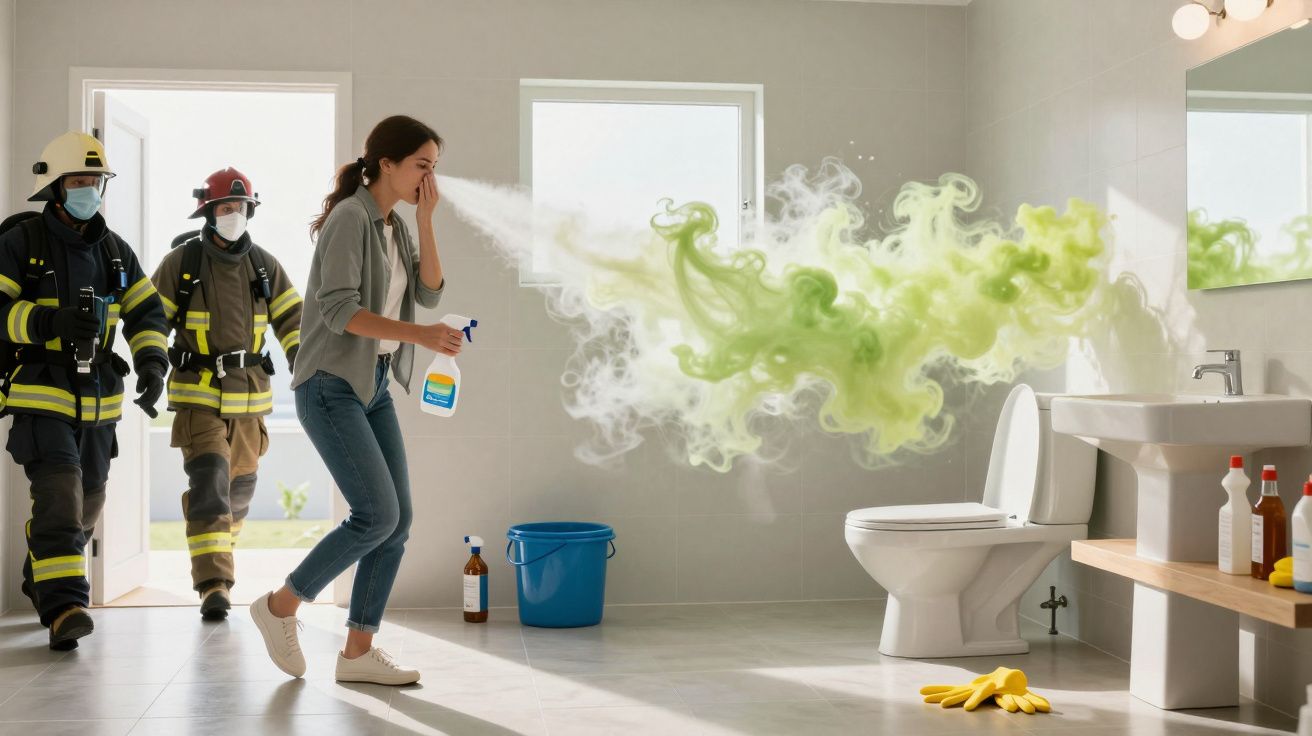Mulher entra em banheiro com vapor tóxico saindo do vaso sanitário e bombeiros entram na porta.