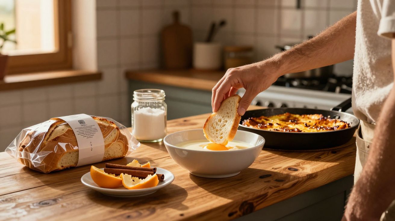 Pessoa mergulhando fatia de pão em ovo cru em tigela, com pão embalado, açúcar e frutas na mesa de madeira.