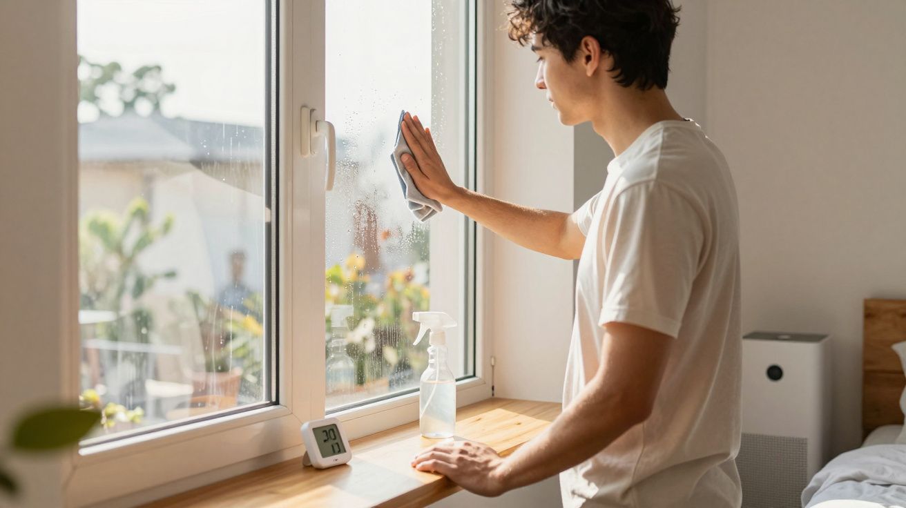 Jovem limpando janela de vidro com pano e spray em ambiente iluminado por luz natural.