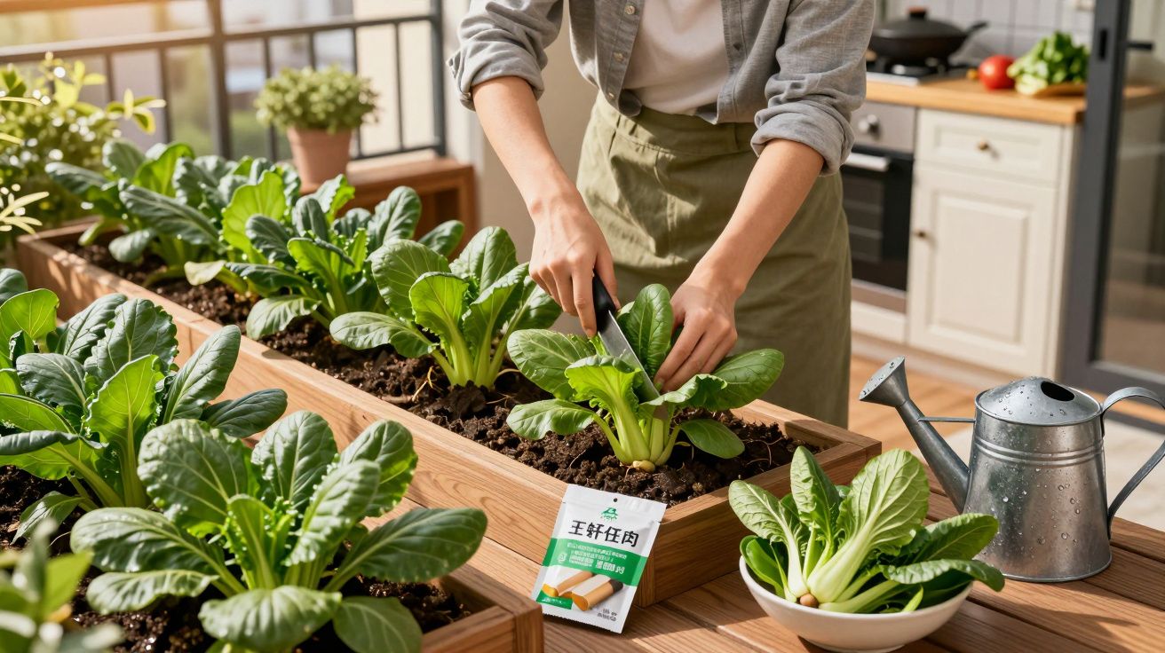 Pessoa colhendo hortaliças em jardineiras de madeira dentro de uma cozinha iluminada.