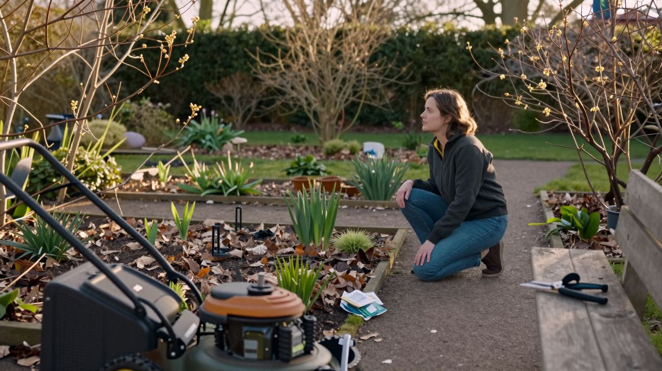 Mulher agachada observa canteiro de flores em jardim, com cortador de grama e ferramentas ao redor.