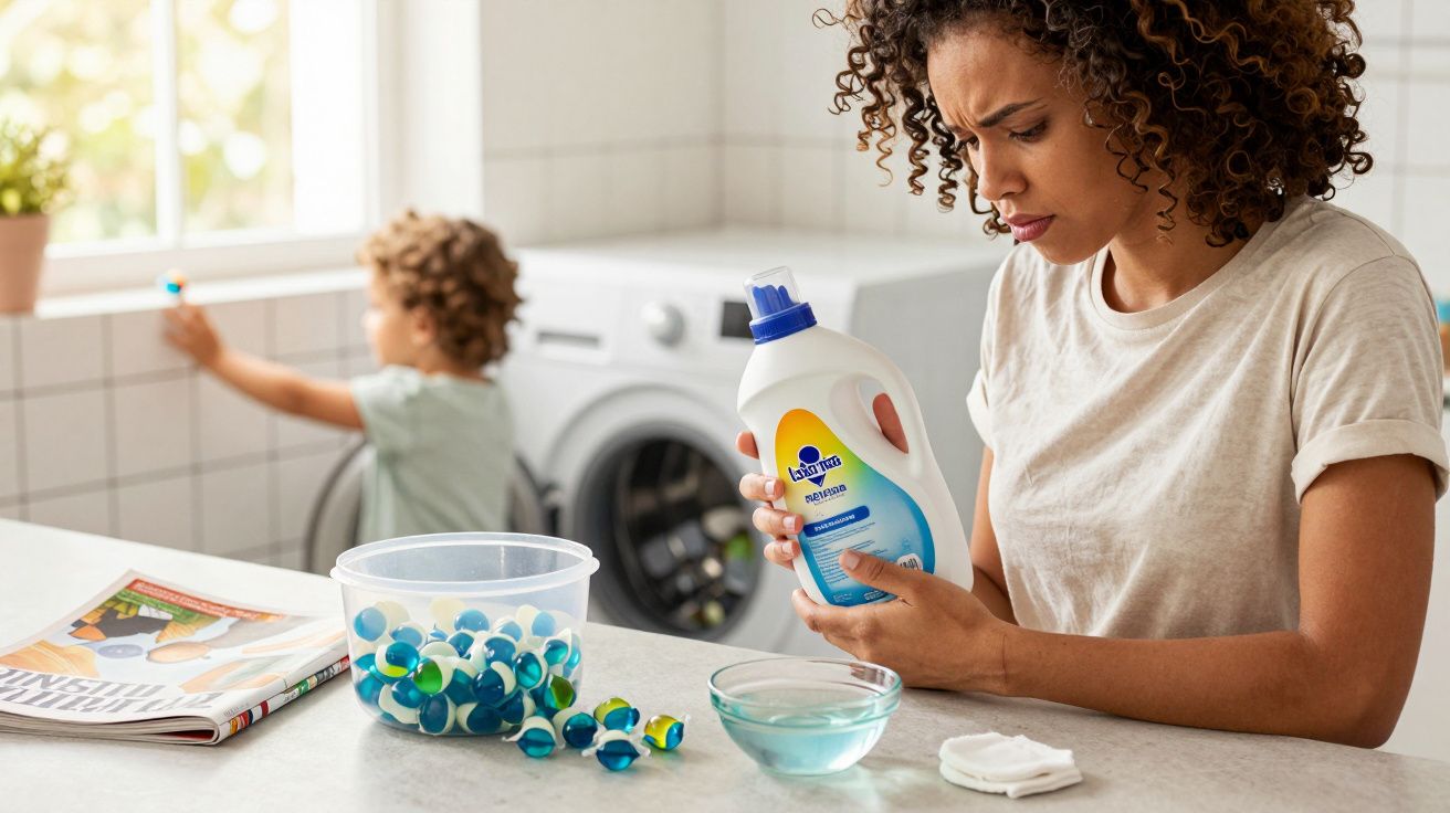 Mulher lendo rótulo de detergente líquido para lavar roupas enquanto criança brinca ao fundo.