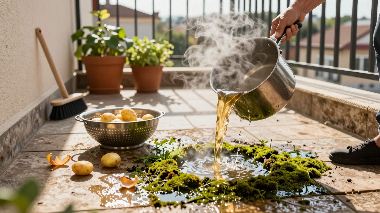 Pessoa despejando água quente sobre musgo em piso com batatas e utensílios ao fundo.