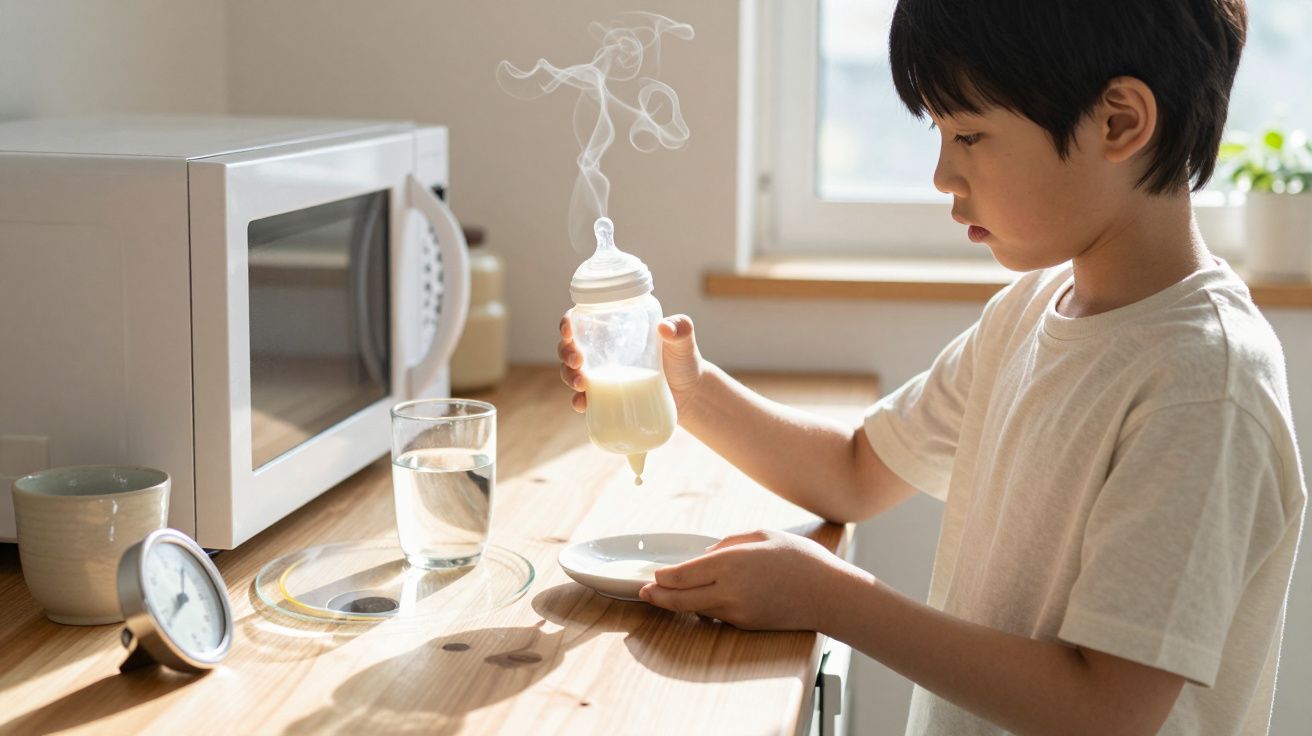 Criança segura mamadeira com leite quente soltando vapor em cozinha clara e organizada.