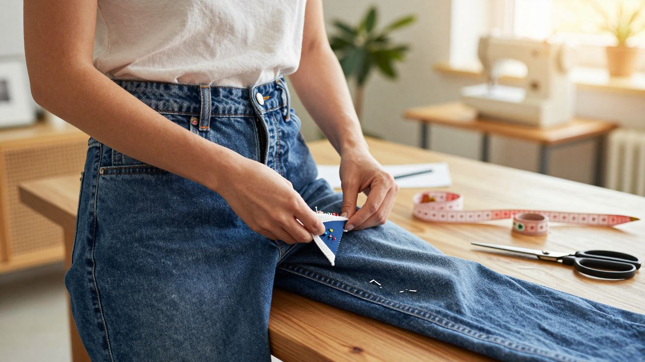 Pessoa com calça jeans azul usando almofada de alfinetes para costura, sentada em mesa de madeira.
