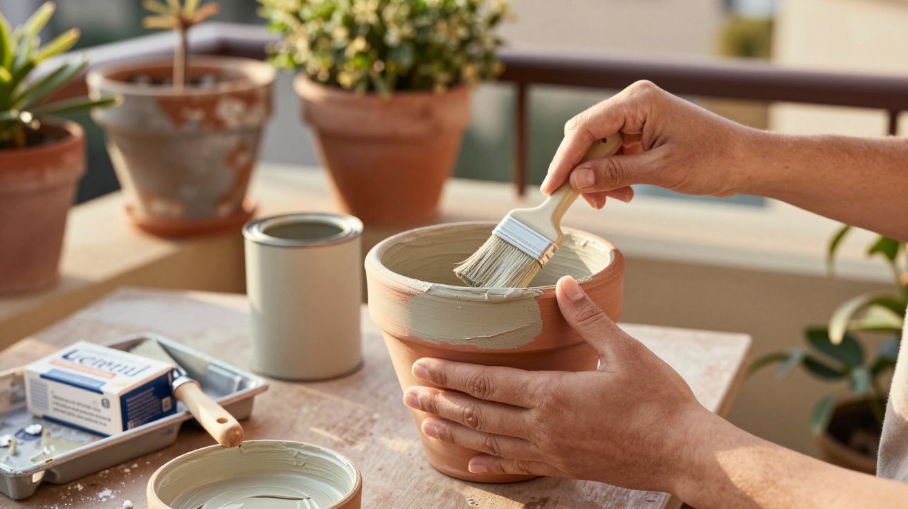 Pessoa pintando vaso de barro com tinta bege em mesa ao ar livre com plantas ao fundo.