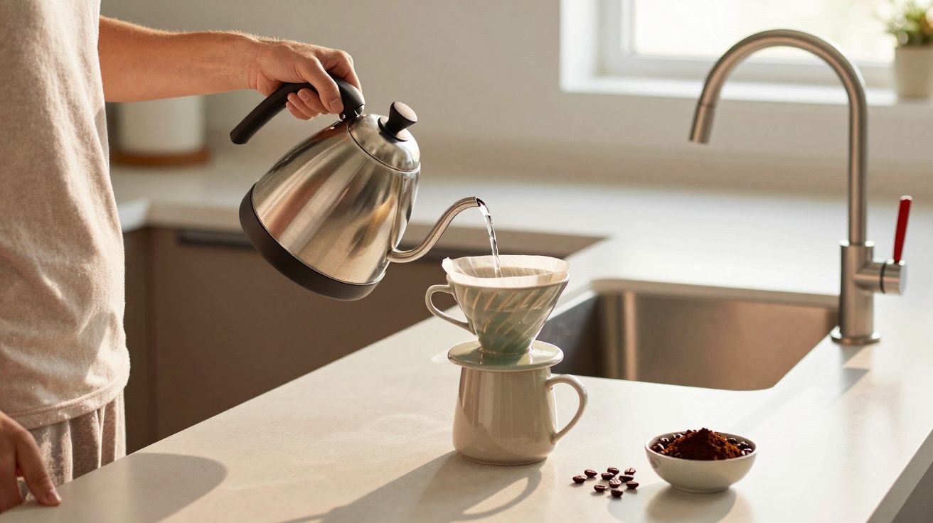 Pessoa derramando água quente de chaleira em coador de café sobre caneca na cozinha iluminada.