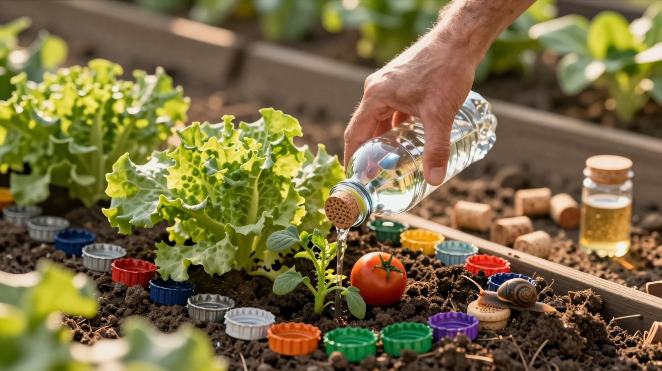 Mão regando planta em horta caseira decorada com tampas coloridas, tomate e caracol na terra.