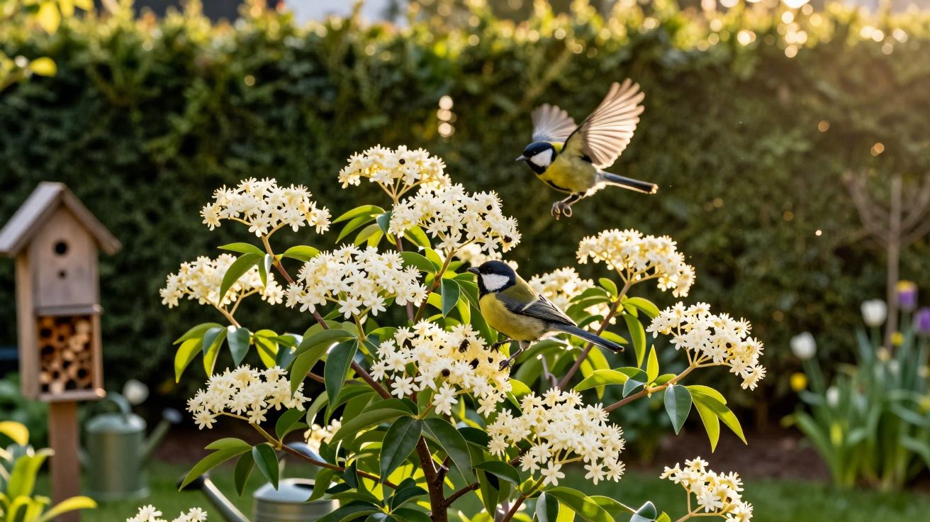 Pássaros sobre arbusto florido branco em jardim com cerca verde ao fundo.