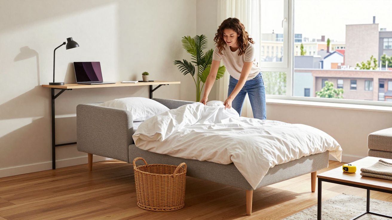 Mulher arrumando cama em quarto claro com janela grande, mesa com computador e cesta de vime no chão.