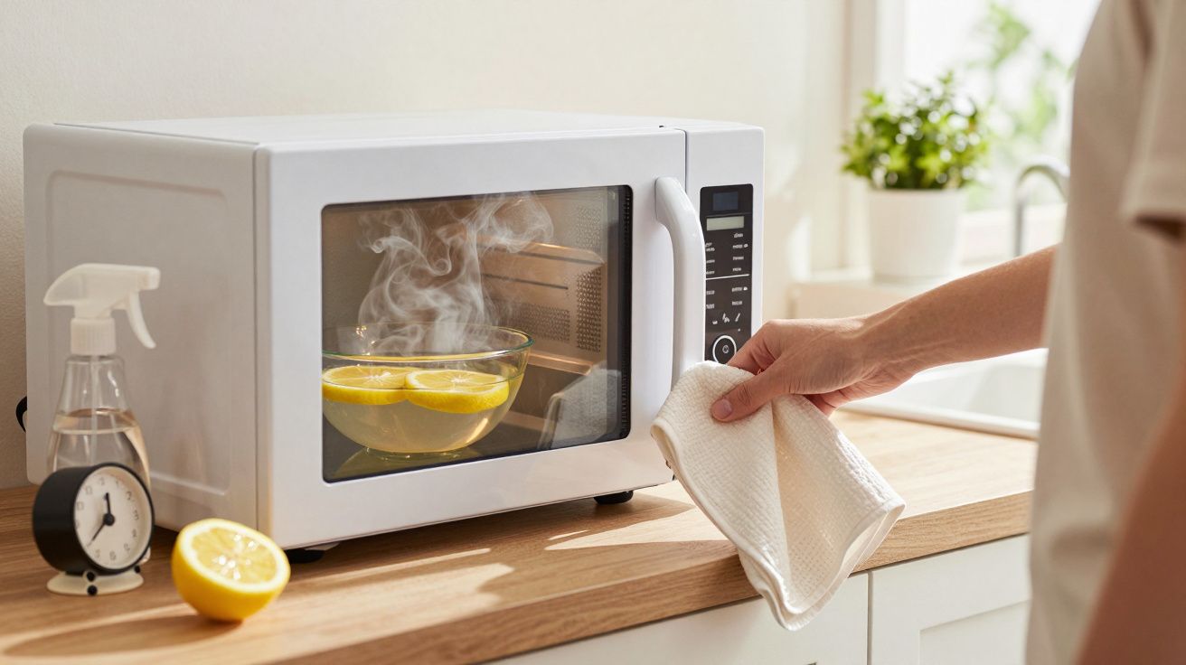 Pessoa segurando pano perto de micro-ondas com tigela de água e rodelas de limão e vapor saindo.