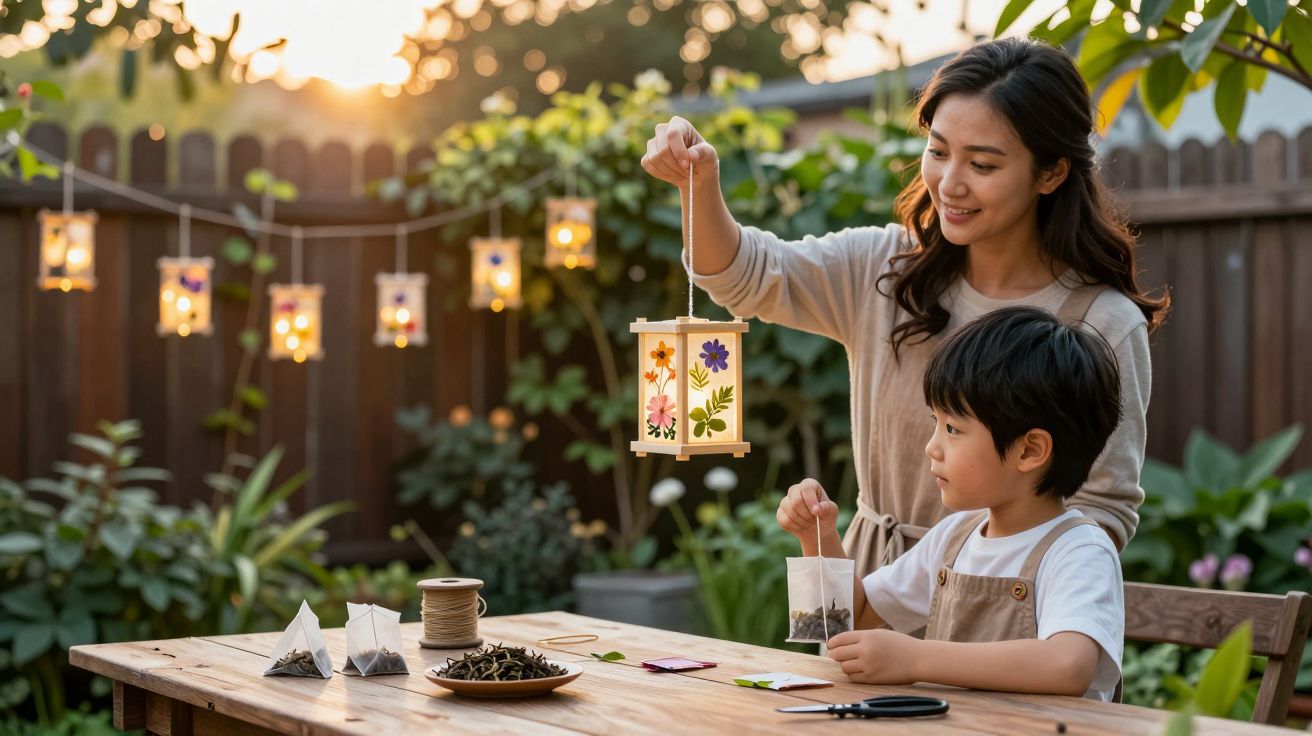 Mulher e menino seguram lanternas decoradas em mesa de madeira ao ar livre ao entardecer.
