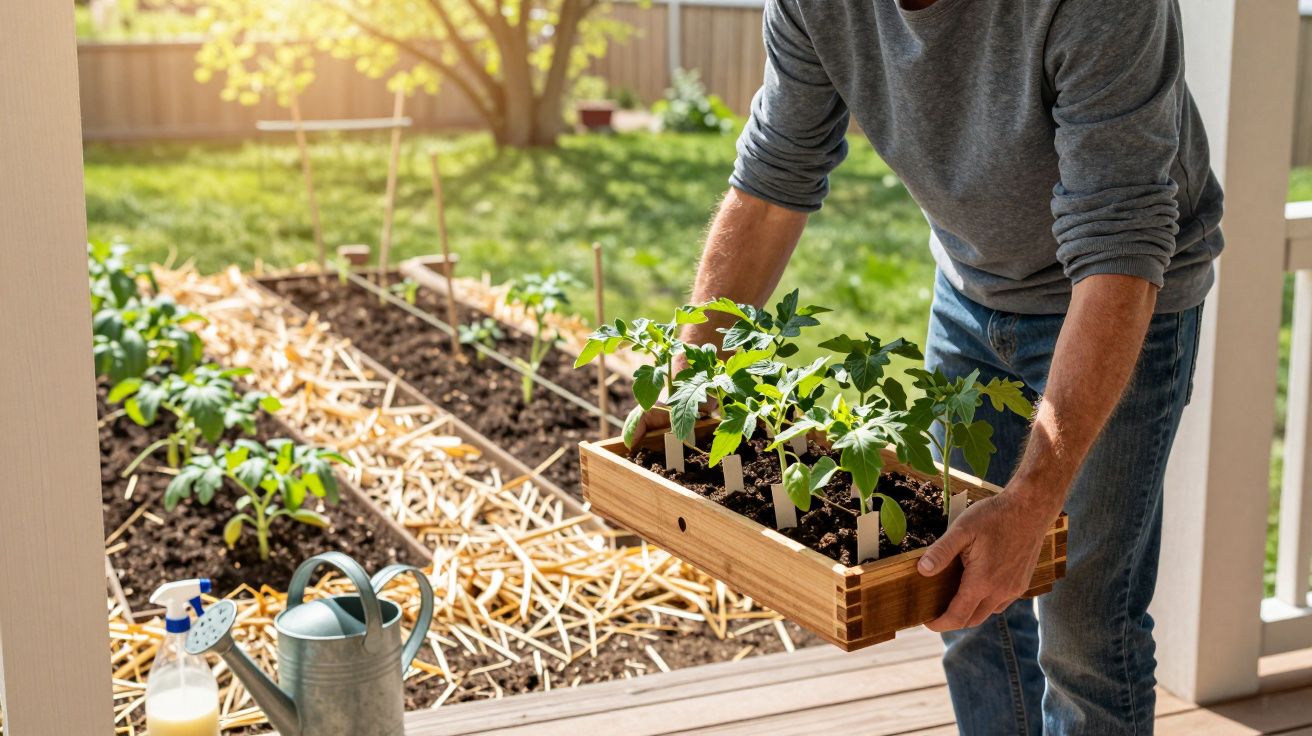 Pessoa segurando caixa de mudas de plantas para transplantar em jardim ao ar livre.