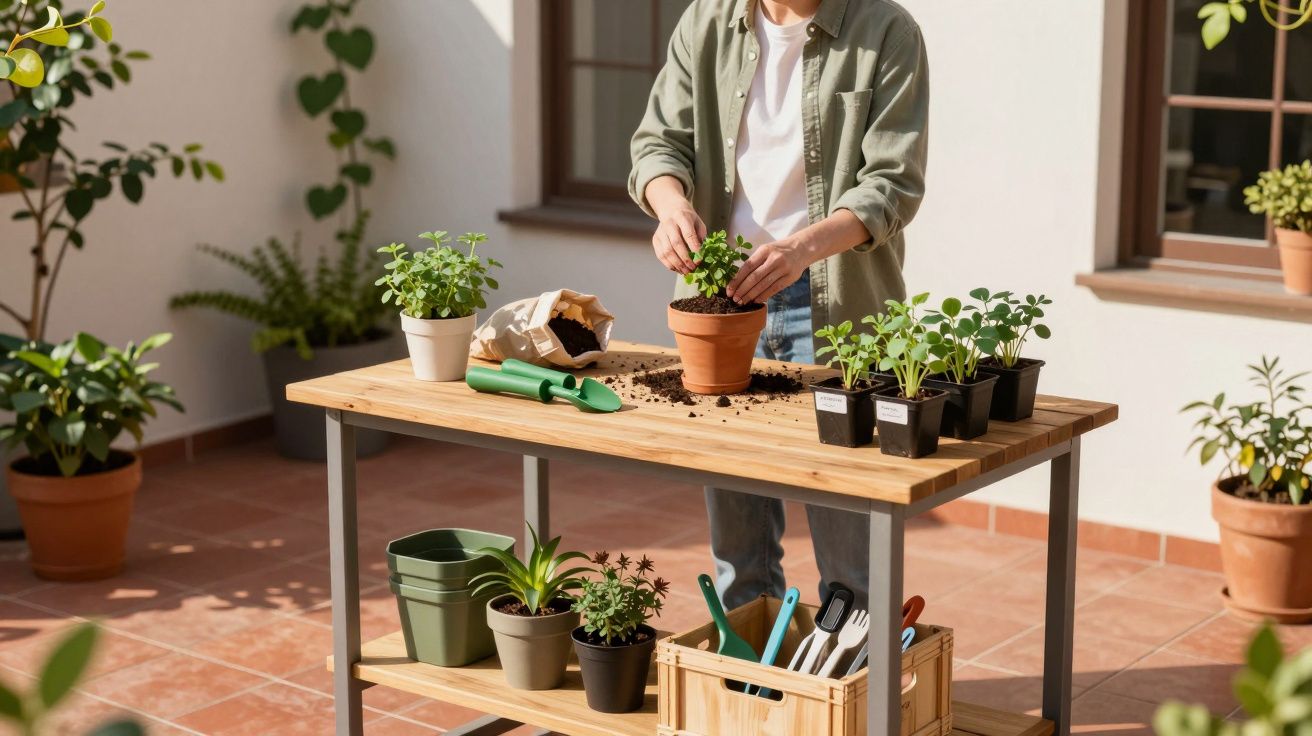 Pessoa transplantando muda em vaso em mesa com ferramentas e plantas em varanda ensolarada.