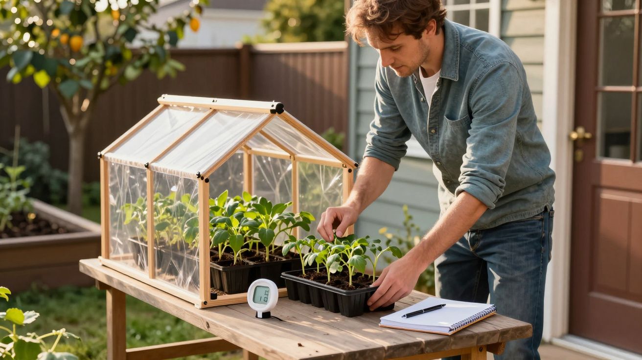 Homem cuidando de mudas em mini estufa transparente em mesa de madeira ao ar livre.