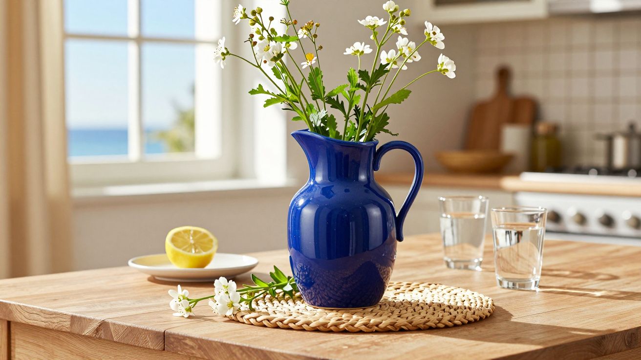 Vaso azul com flores brancas sobre tapete palha em mesa de madeira em cozinha iluminada por janela.