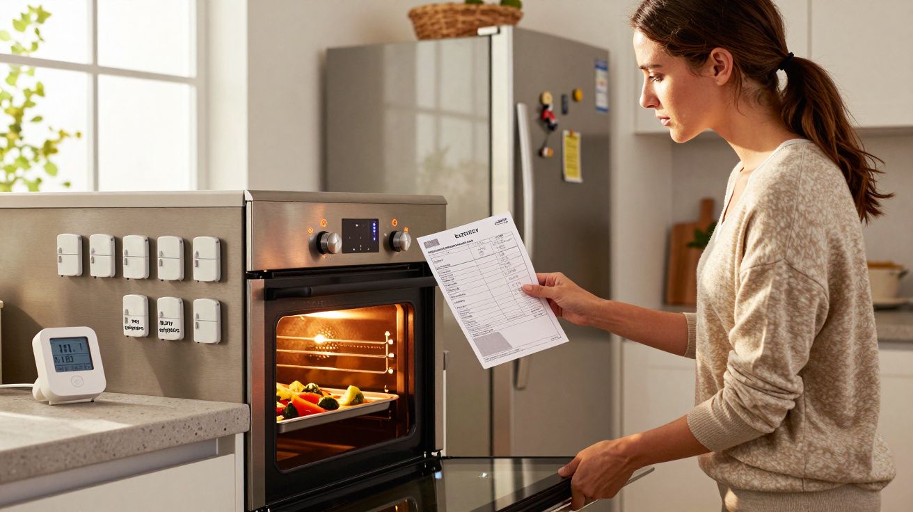Mulher verificando receita enquanto cozinha legumes no forno em cozinha moderna iluminada.