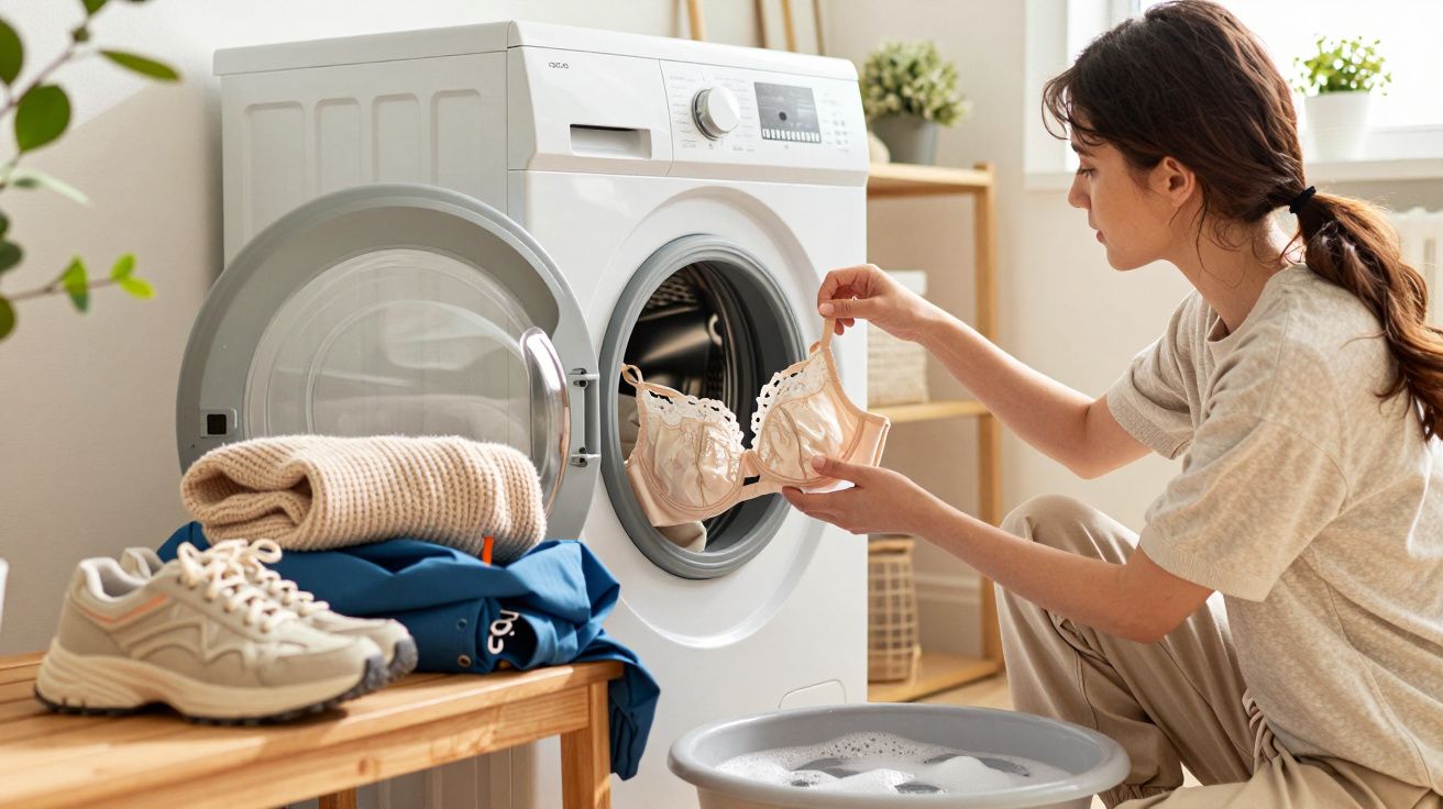 Mulher colocando sutiã delicado na máquina de lavar roupa branca em ambiente doméstico.