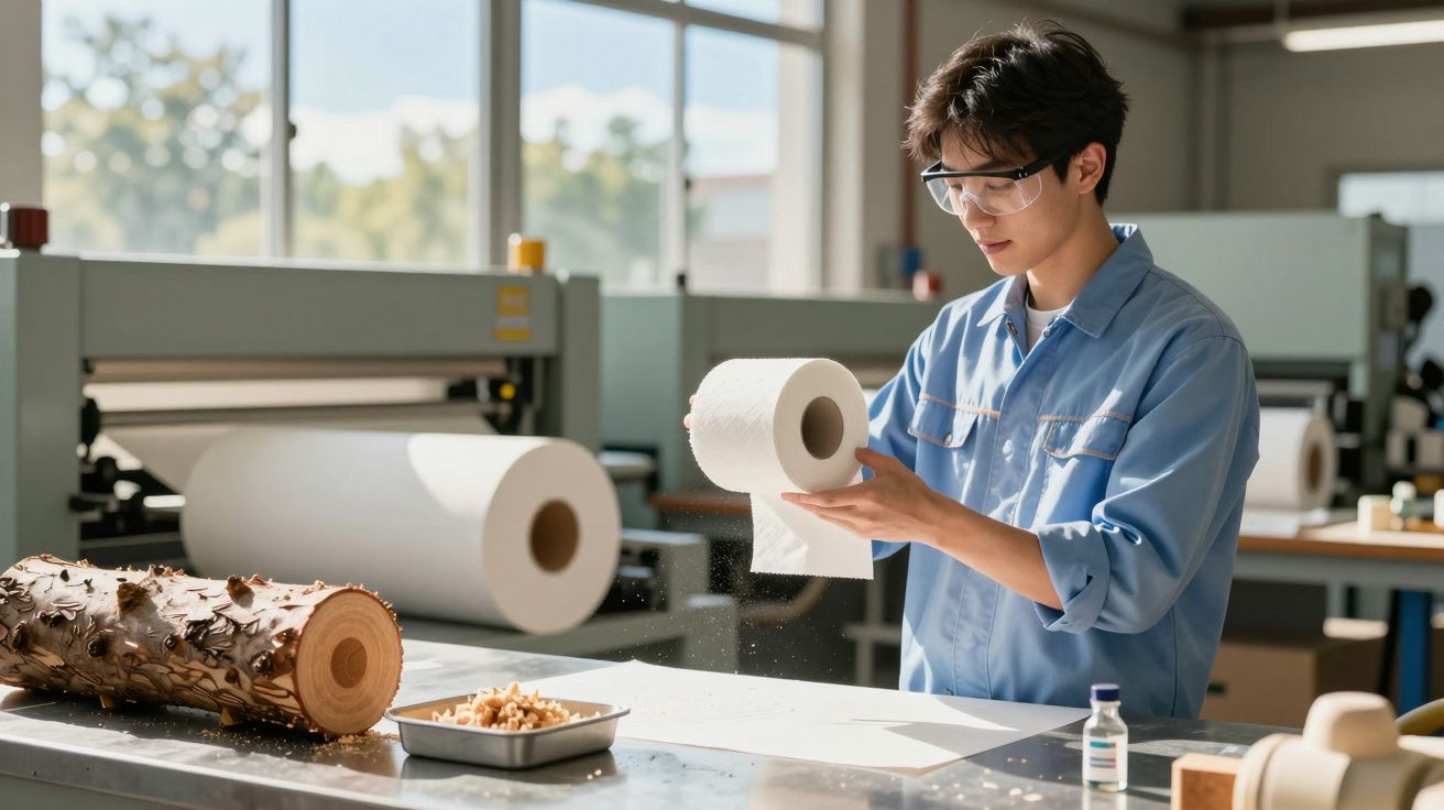 Pessoa com óculos de proteção segurando rolo de papel toalha em fábrica com toras e máquinas ao fundo.