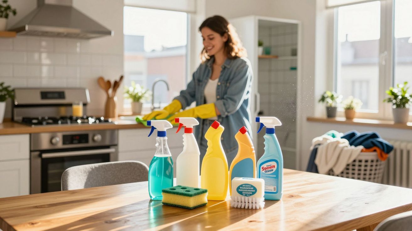 Mulher limpando a cozinha ao fundo com vários produtos de limpeza sobre a mesa em primeiro plano.