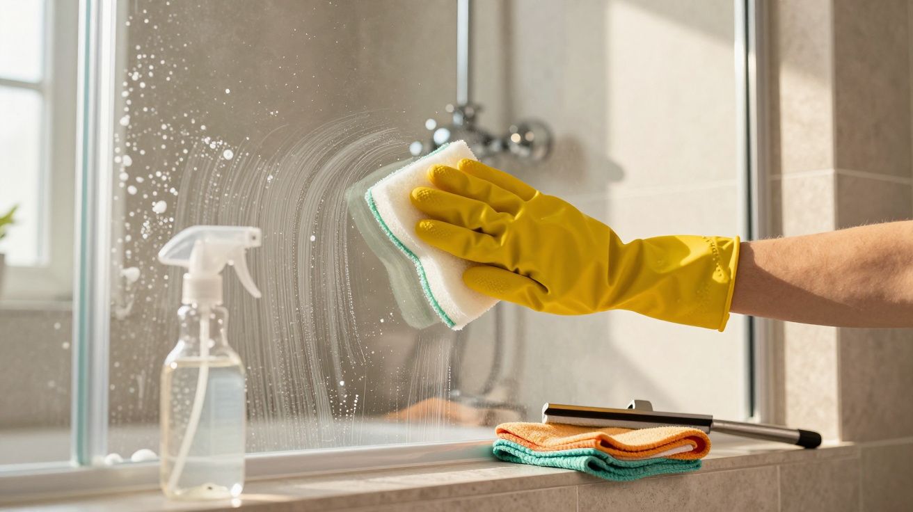 Pessoa usando luva amarela limpando vidro do box do banheiro com esponja e spray de limpeza.