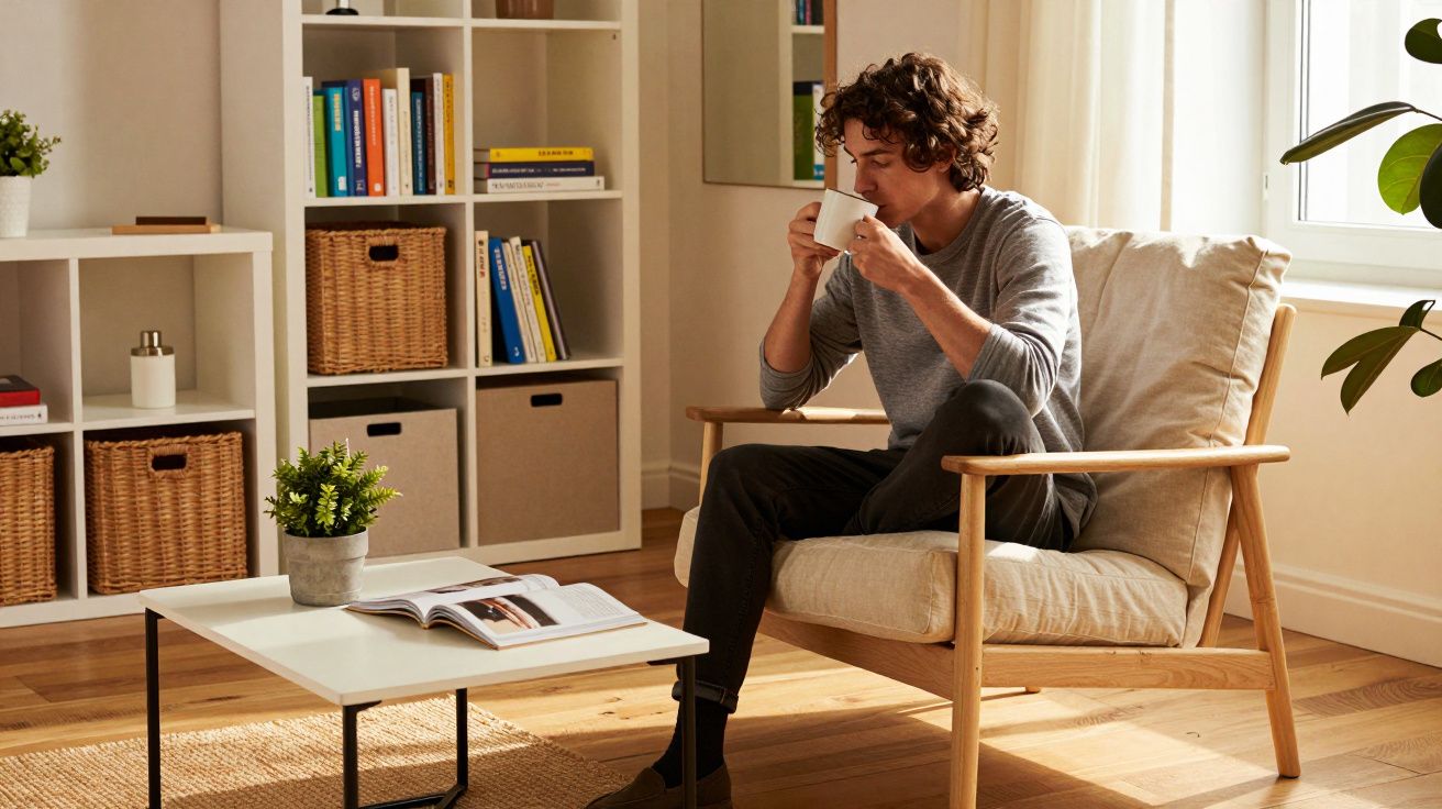 Homem sentado em poltrona tomando café em sala iluminada com mesa baixa e estante ao fundo.