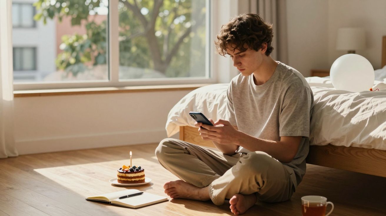 Homem sentado no chão de quarto iluminado, olhando para celular, com bolo de aniversário e caderno ao lado.