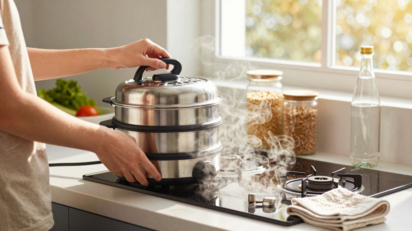 Pessoa segurando tampa de panela a vapor com vapor saindo em fogão moderno em cozinha iluminada.