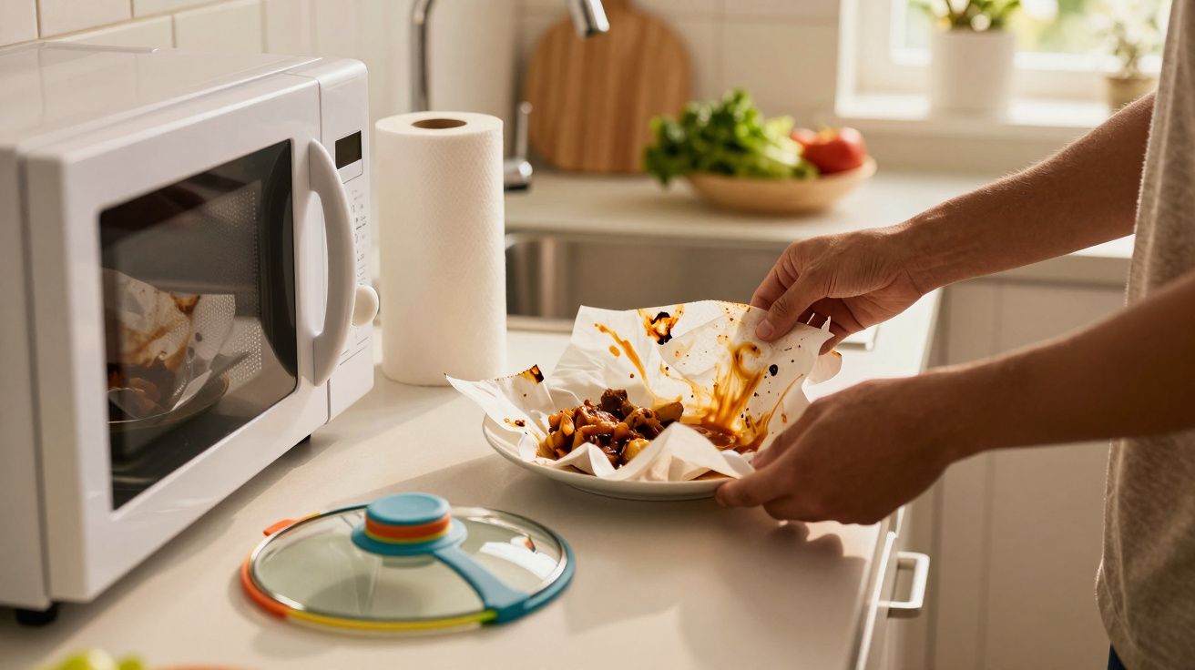 Pessoa retirando comida quente de prato com papel-toalha ao lado de micro-ondas na cozinha.