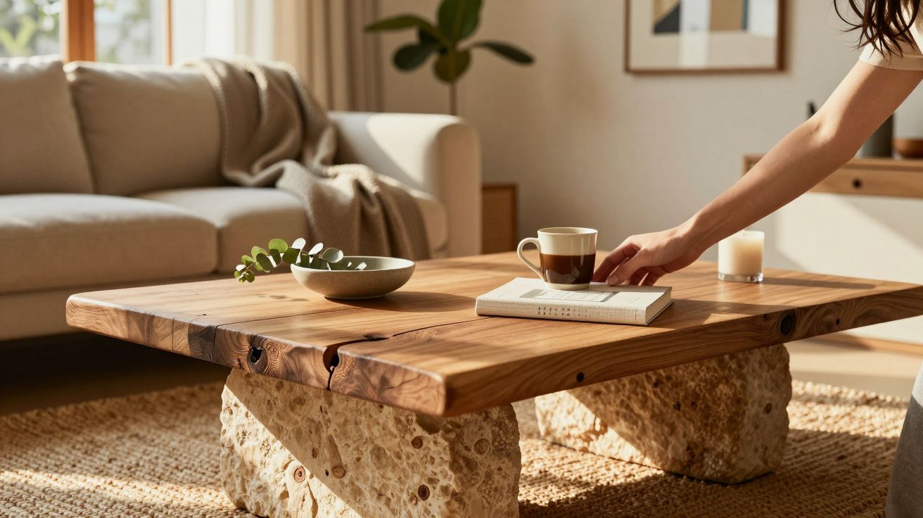 Mesa de centro de madeira e pedra com xícara, livro e decoração em sala iluminada e aconchegante.